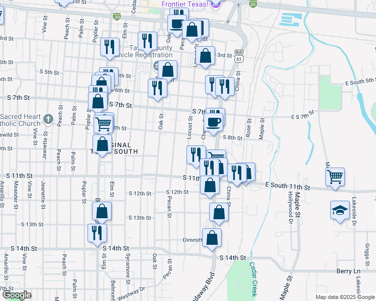 map of restaurants, bars, coffee shops, grocery stores, and more near 1001 Locust Street in Abilene