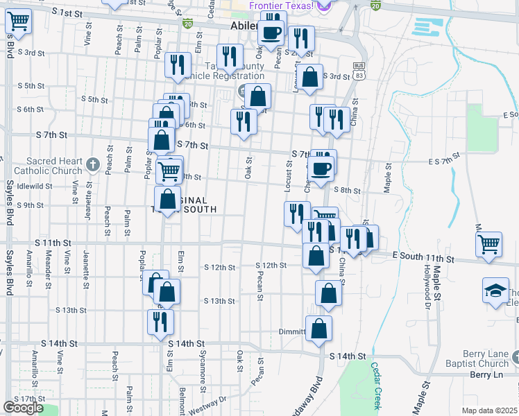 map of restaurants, bars, coffee shops, grocery stores, and more near 925 Pecan Street in Abilene