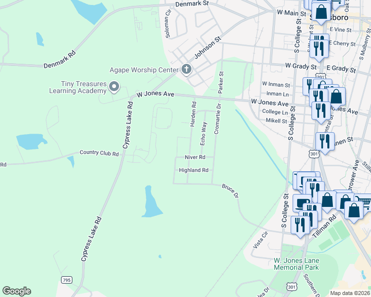 map of restaurants, bars, coffee shops, grocery stores, and more near 107 Niver Road in Statesboro