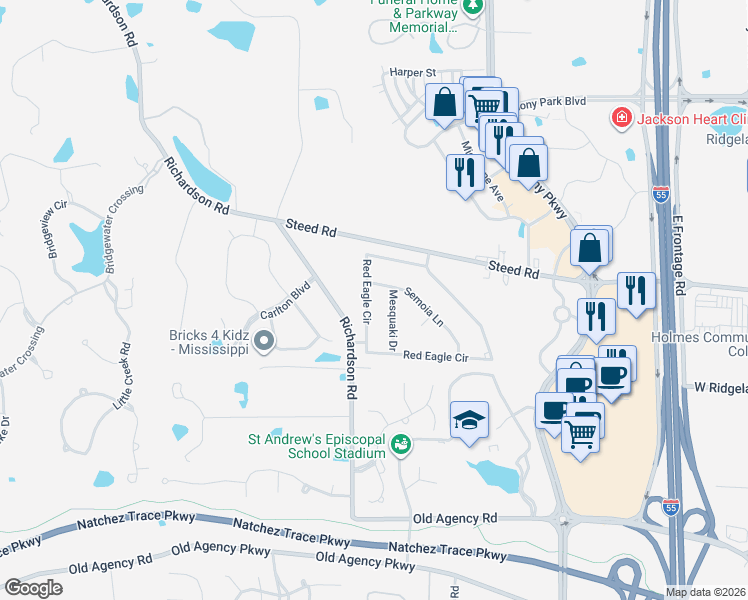 map of restaurants, bars, coffee shops, grocery stores, and more near 387 Red Eagle Circle in Ridgeland