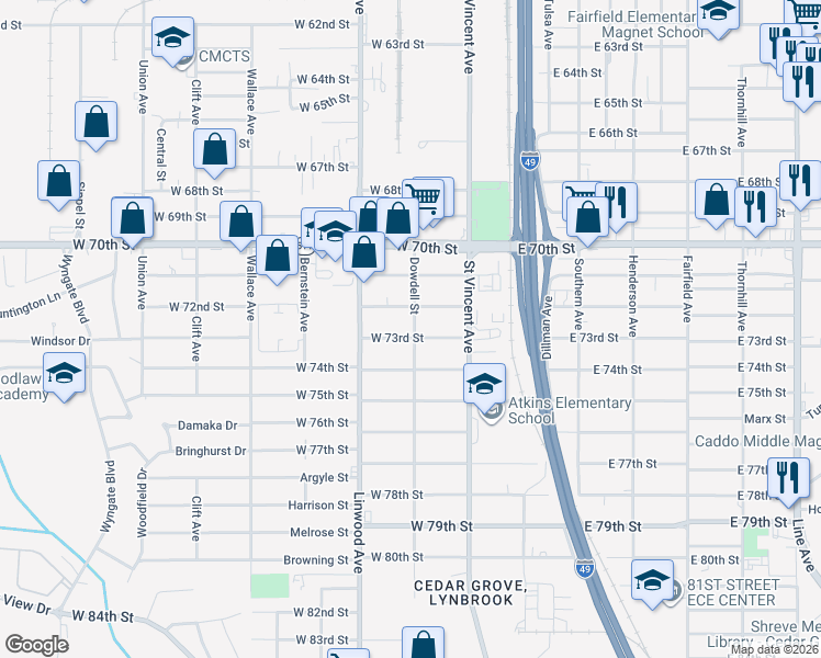 map of restaurants, bars, coffee shops, grocery stores, and more near 264 West 73rd Street in Shreveport