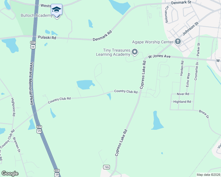 map of restaurants, bars, coffee shops, grocery stores, and more near 5001 Country Club Road in Statesboro