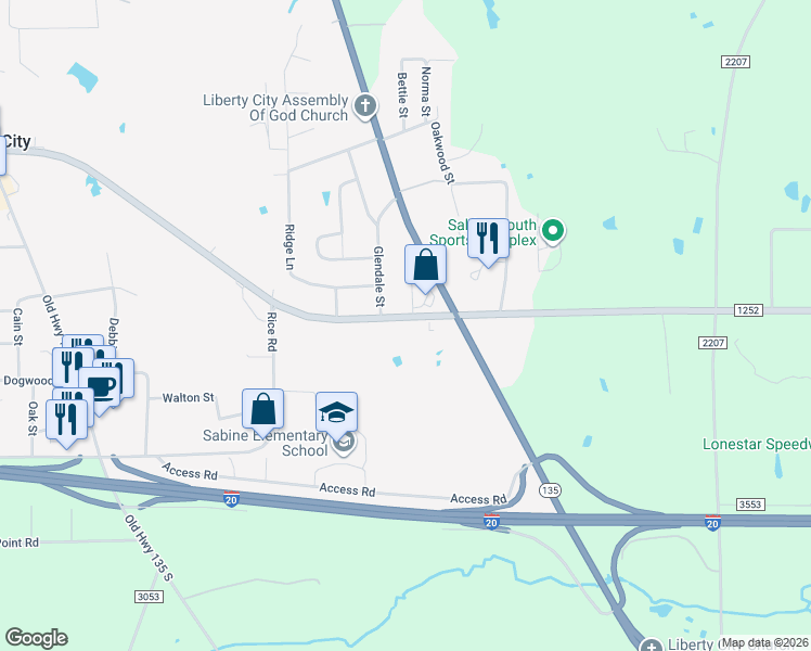map of restaurants, bars, coffee shops, grocery stores, and more near 4195 Farm-to-Market 1252 West in Kilgore