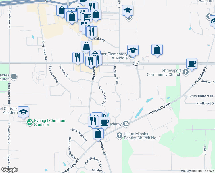 map of restaurants, bars, coffee shops, grocery stores, and more near 6011 Fox Ridge in Shreveport
