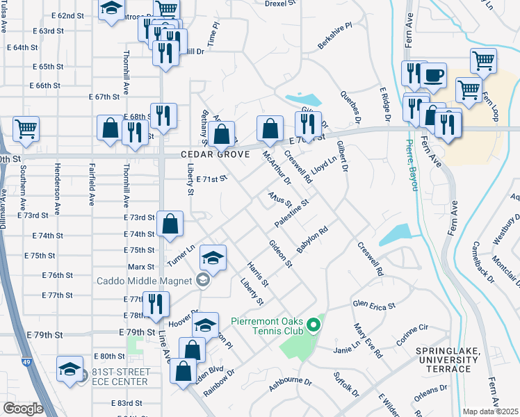 map of restaurants, bars, coffee shops, grocery stores, and more near 7322 Altus Loop in Shreveport