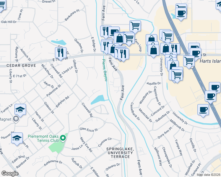 map of restaurants, bars, coffee shops, grocery stores, and more near 7330 Fern Avenue in Shreveport