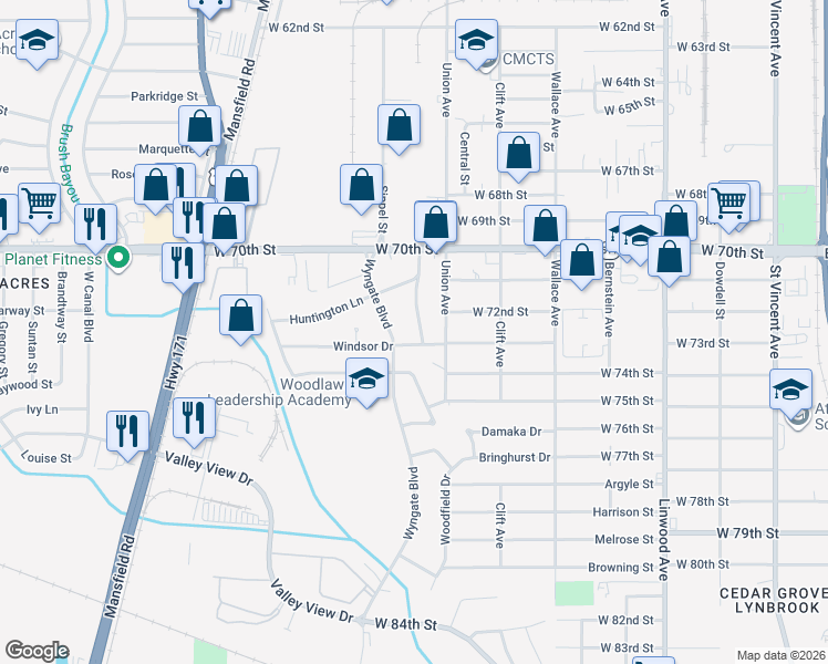 map of restaurants, bars, coffee shops, grocery stores, and more near 7224 Burlingame Boulevard in Shreveport
