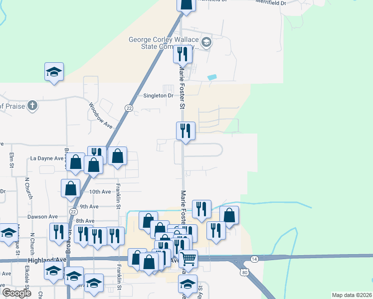map of restaurants, bars, coffee shops, grocery stores, and more near 2904 Earl Goodwin Parkway in Selma