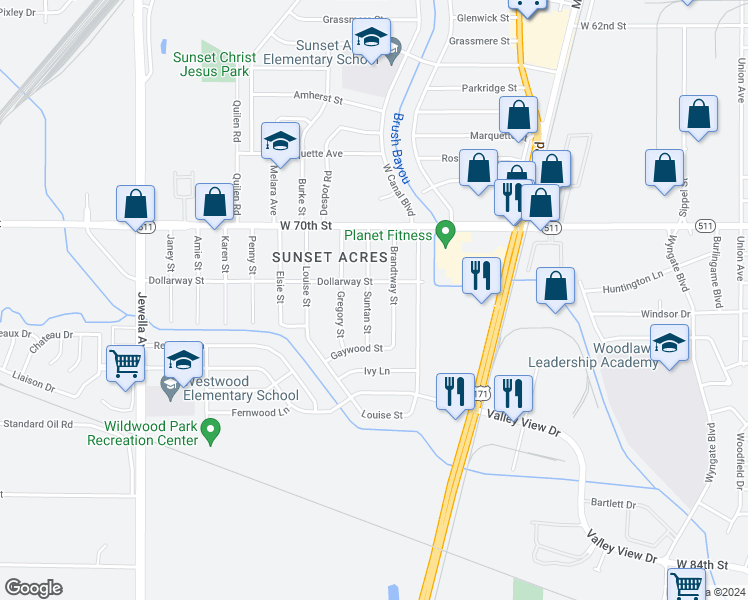 map of restaurants, bars, coffee shops, grocery stores, and more near 7119 Suntan Street in Shreveport