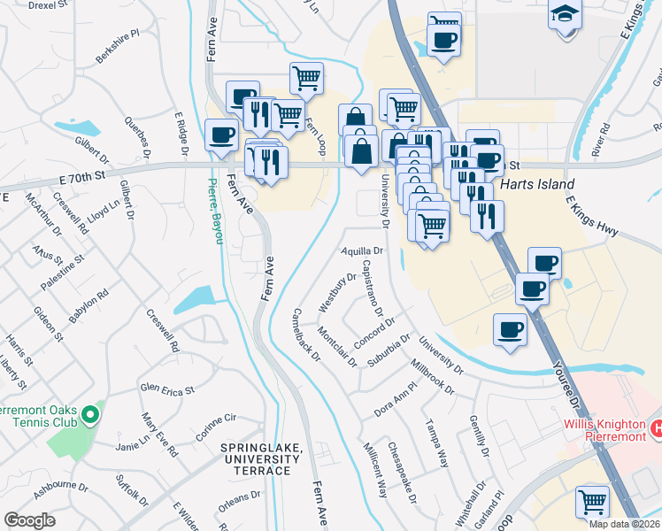 map of restaurants, bars, coffee shops, grocery stores, and more near 1542 Westbury Drive in Shreveport