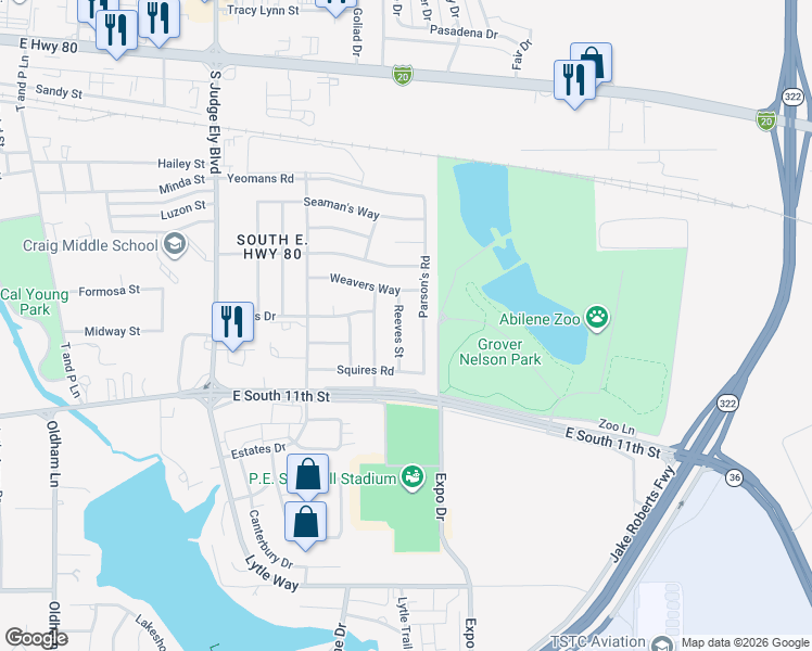 map of restaurants, bars, coffee shops, grocery stores, and more near 1002 Reeves Street in Abilene