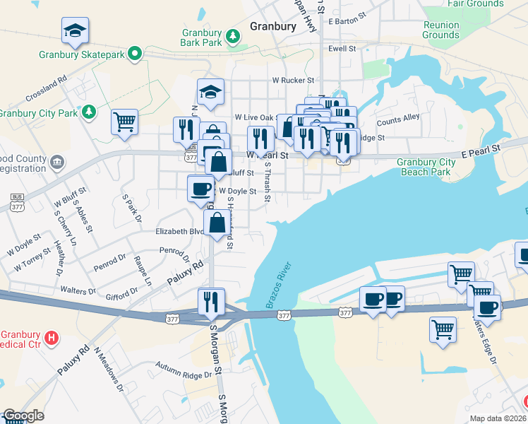map of restaurants, bars, coffee shops, grocery stores, and more near 412 Olson Court in Granbury
