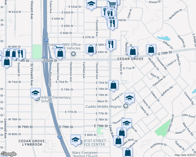 map of restaurants, bars, coffee shops, grocery stores, and more near 488 East 73rd Street in Shreveport