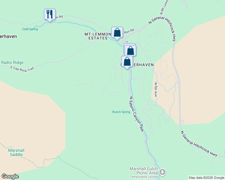 map of restaurants, bars, coffee shops, grocery stores, and more near 11180 East Carter Canyon Road in Mount Lemmon