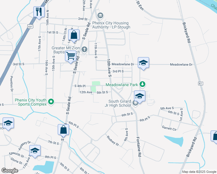 map of restaurants, bars, coffee shops, grocery stores, and more near 1007 4th Street South in Phenix City