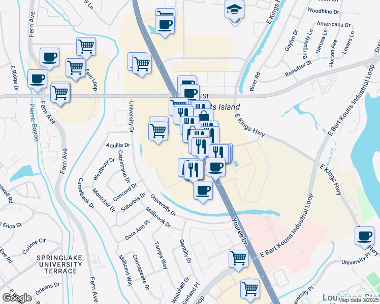 map of restaurants, bars, coffee shops, grocery stores, and more near 7230 Youree Drive in Shreveport