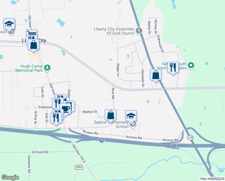 map of restaurants, bars, coffee shops, grocery stores, and more near 4549 Rice Road in Kilgore