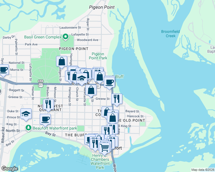 map of restaurants, bars, coffee shops, grocery stores, and more near 1106 Carteret Street in Beaufort