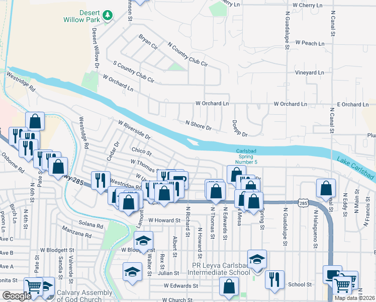 map of restaurants, bars, coffee shops, grocery stores, and more near 1208 W Riverside Dr in Carlsbad