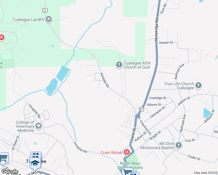 map of restaurants, bars, coffee shops, grocery stores, and more near 1643-1729 Ashdale Road in Tuskegee