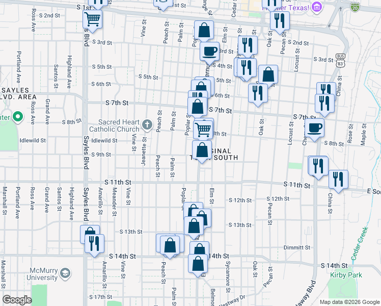 map of restaurants, bars, coffee shops, grocery stores, and more near 1332 South 9th Street in Abilene