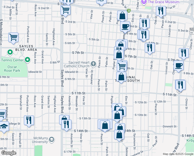 map of restaurants, bars, coffee shops, grocery stores, and more near 1617 South 9th Street in Abilene