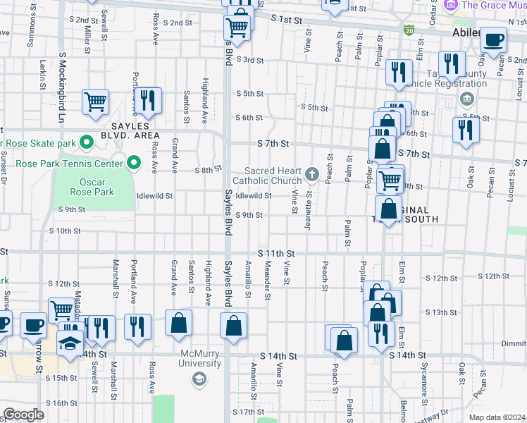 map of restaurants, bars, coffee shops, grocery stores, and more near 890 Meander Street in Abilene