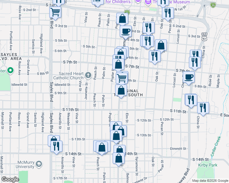 map of restaurants, bars, coffee shops, grocery stores, and more near 917 Poplar Street in Abilene