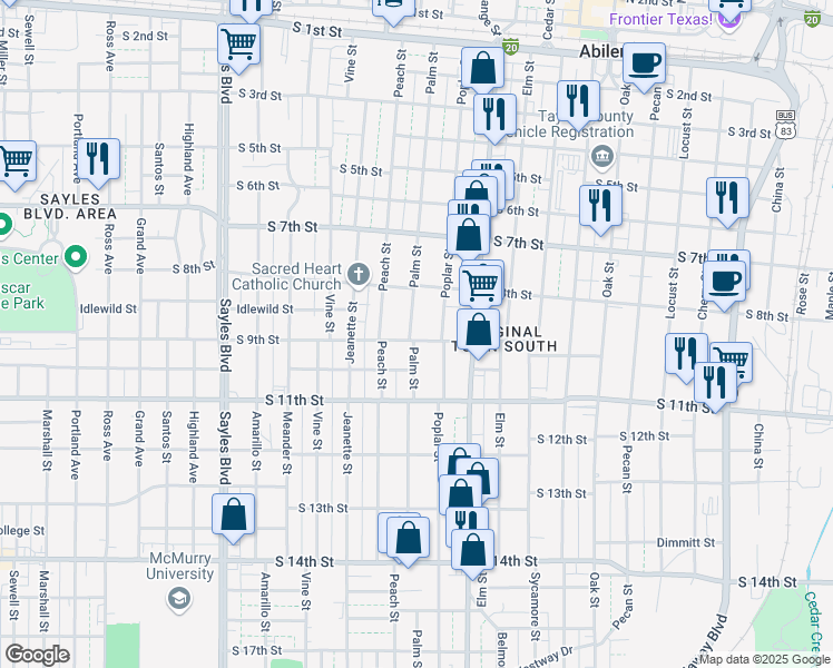 map of restaurants, bars, coffee shops, grocery stores, and more near 910 Palm Street in Abilene