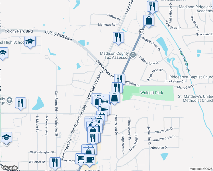 map of restaurants, bars, coffee shops, grocery stores, and more near 665 U.S. 51 in Ridgeland