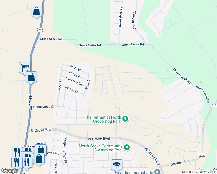 map of restaurants, bars, coffee shops, grocery stores, and more near 204 Lacy Oak Lane in Waxahachie