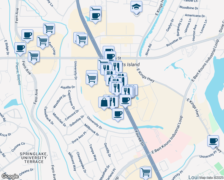 map of restaurants, bars, coffee shops, grocery stores, and more near 7230 Youree Drive in Shreveport