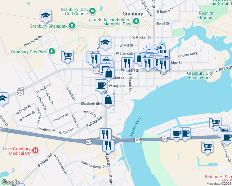 map of restaurants, bars, coffee shops, grocery stores, and more near 412 South Baker Street in Granbury