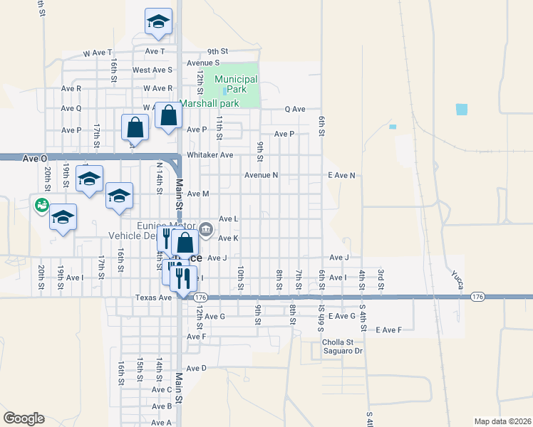 map of restaurants, bars, coffee shops, grocery stores, and more near 1100-1198 8th St in Eunice