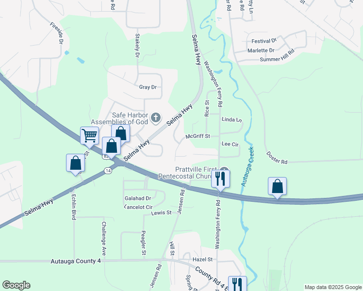 map of restaurants, bars, coffee shops, grocery stores, and more near 513 McGriff Street in Prattville