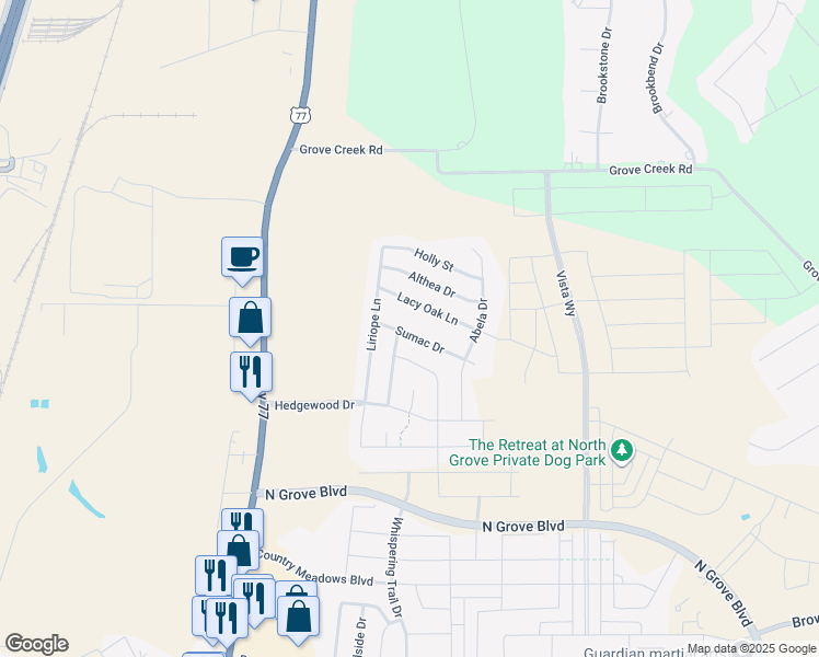 map of restaurants, bars, coffee shops, grocery stores, and more near 109 Sumac Drive in Waxahachie