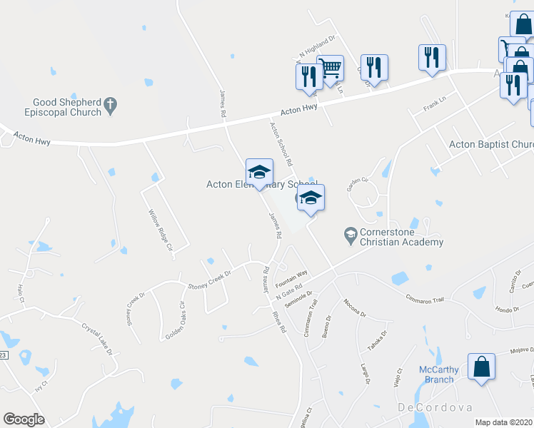 map of restaurants, bars, coffee shops, grocery stores, and more near 3028 James Road in Granbury