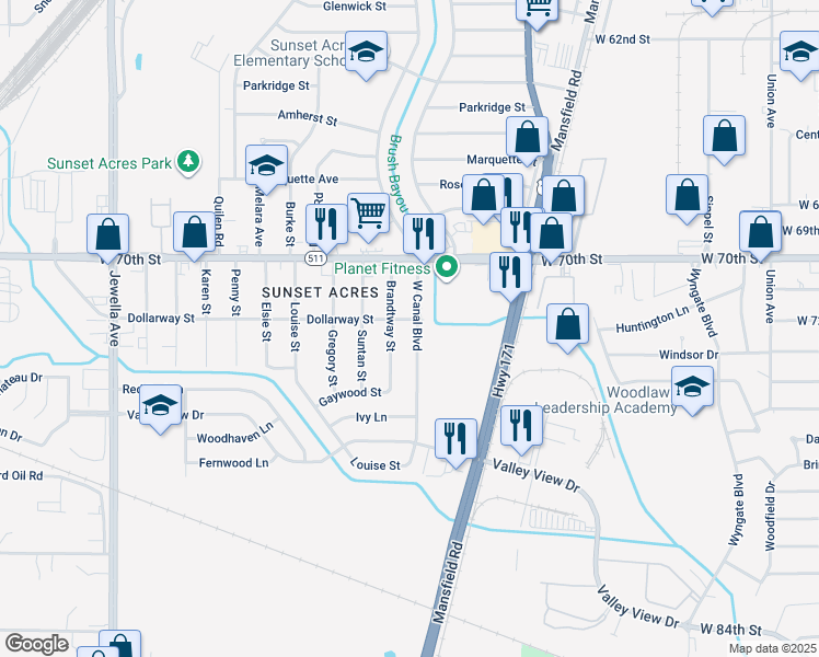 map of restaurants, bars, coffee shops, grocery stores, and more near 7102 West Canal Boulevard in Shreveport
