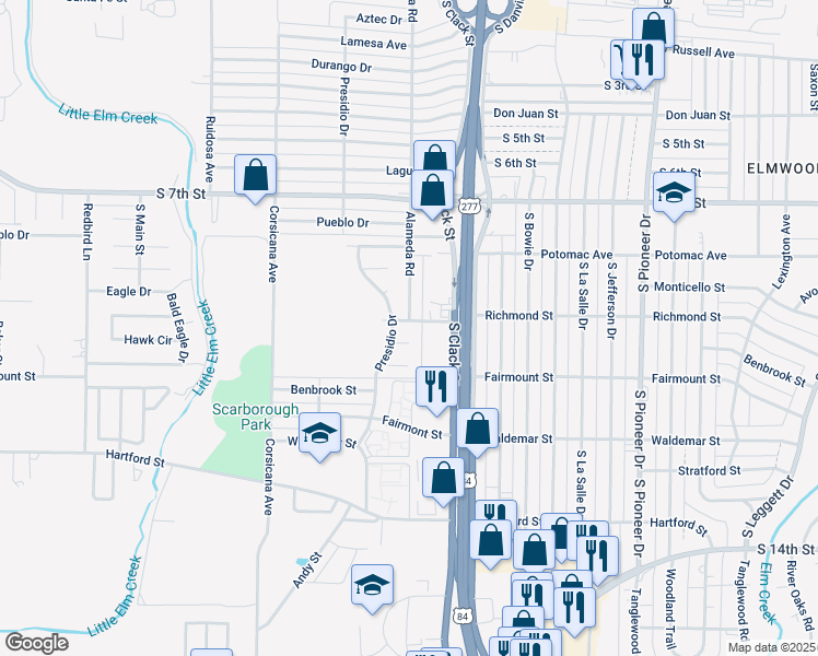 map of restaurants, bars, coffee shops, grocery stores, and more near 5217 Springbrook Street in Abilene