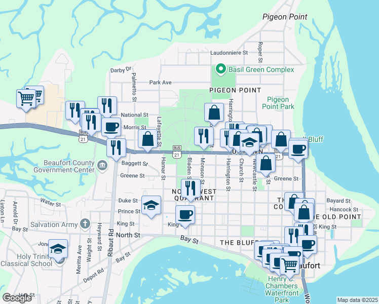 map of restaurants, bars, coffee shops, grocery stores, and more near 1601 Boundary Street in Beaufort