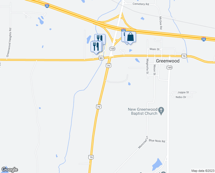 map of restaurants, bars, coffee shops, grocery stores, and more near 7807 U.S. 79 in Greenwood