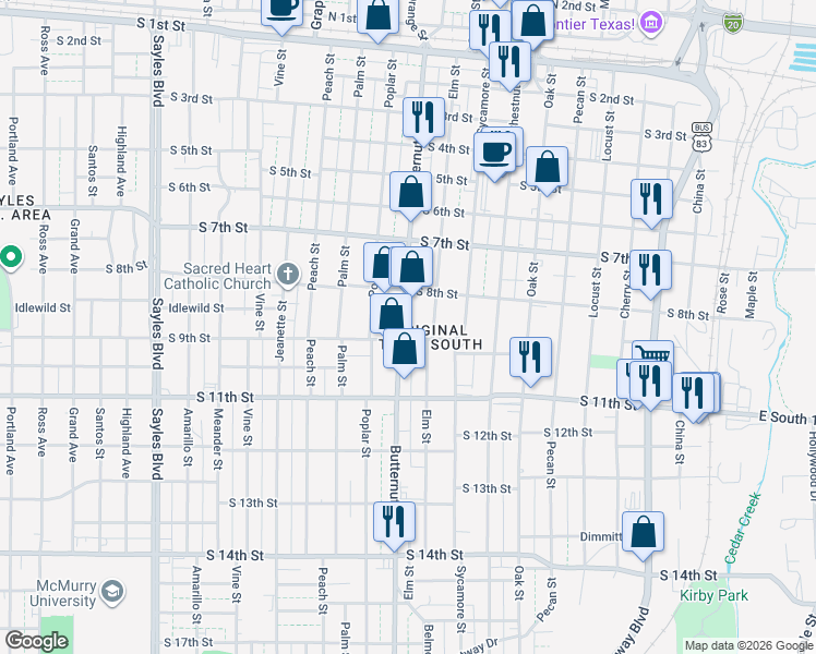 map of restaurants, bars, coffee shops, grocery stores, and more near 909 Butternut Street in Abilene