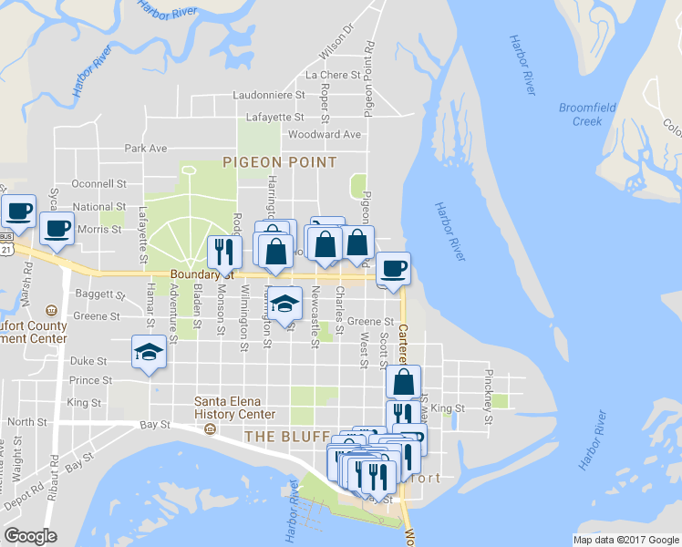 map of restaurants, bars, coffee shops, grocery stores, and more near 1212 Charles Street in Beaufort