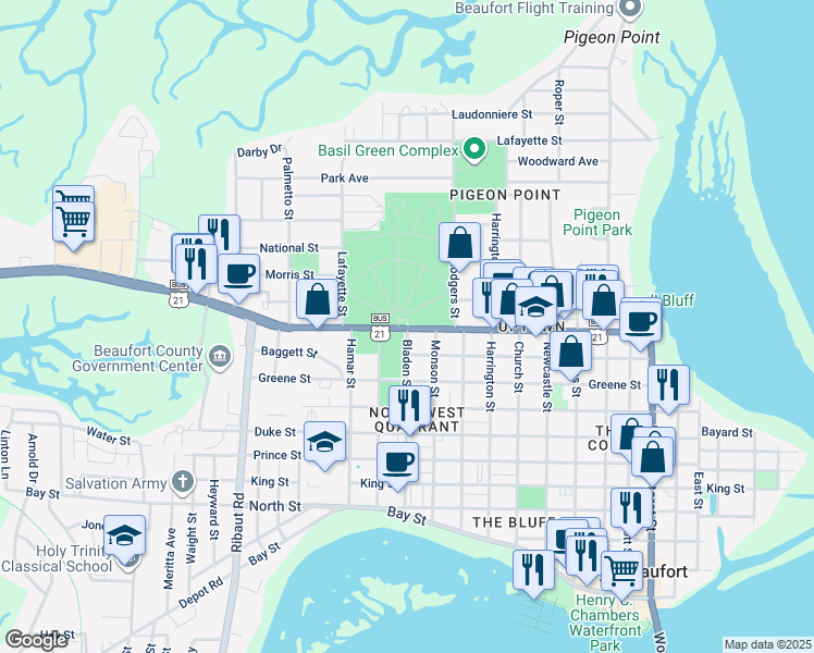 map of restaurants, bars, coffee shops, grocery stores, and more near 1601 Boundary Street in Beaufort