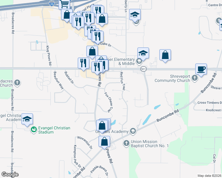 map of restaurants, bars, coffee shops, grocery stores, and more near 6011 Fox Ridge in Shreveport