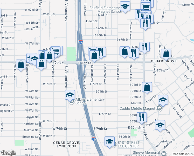 map of restaurants, bars, coffee shops, grocery stores, and more near 247 East 72nd Street in Shreveport