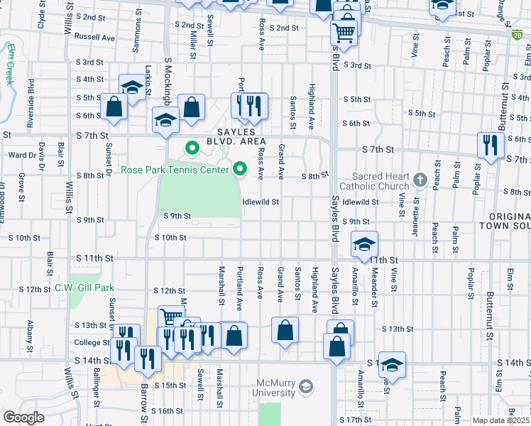 map of restaurants, bars, coffee shops, grocery stores, and more near 881 Ross Avenue in Abilene