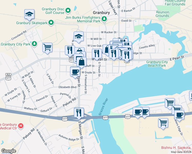 map of restaurants, bars, coffee shops, grocery stores, and more near 104 West Doyle Street in Granbury