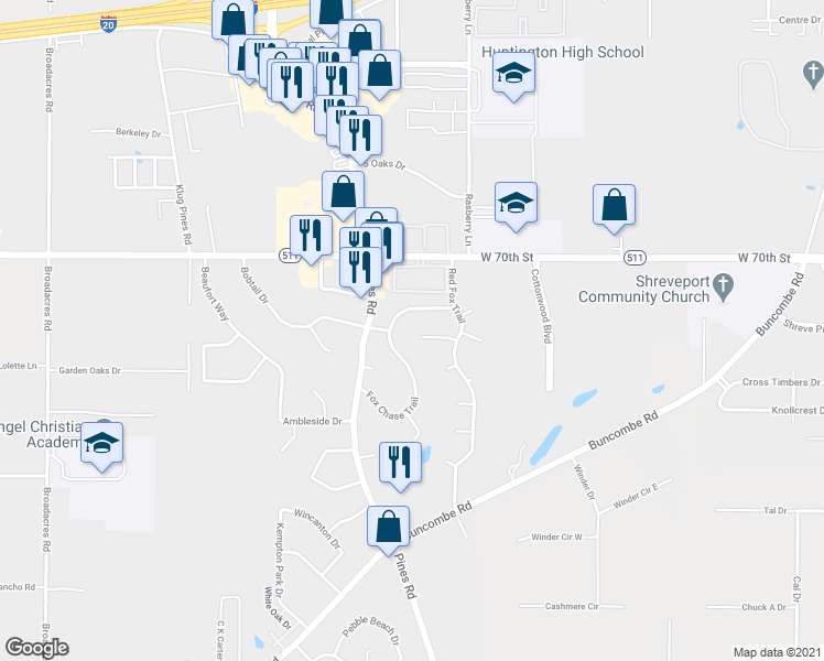 map of restaurants, bars, coffee shops, grocery stores, and more near 6016 Fox Ridge Circle in Shreveport