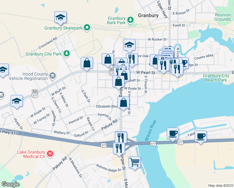 map of restaurants, bars, coffee shops, grocery stores, and more near 206 South Jones Street in Granbury
